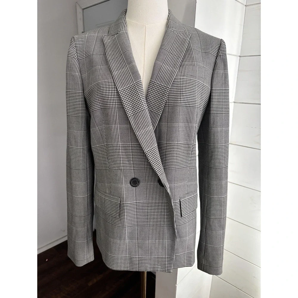 J Crew Blazer Womens 8 Black White Plaid Houndstooth Two Button‎ Jacket Career